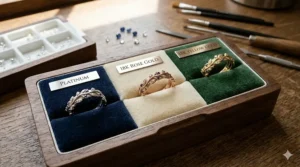 Visual comparison illustration showing luxury custom wedding bands available in platinum, rose gold, and yellow gold finishes.