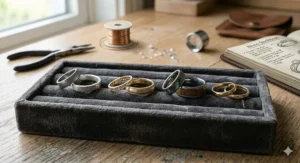 An illustration featuring a matching set of affordable custom wedding bands for couples on a budget.