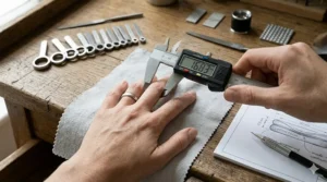 Professional jewelry consultant measuring a client's finger for a precise made to measure wedding ring fit.