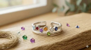 A sleek and modern minimalist multiple family birthstone ring in white gold, featuring seven small, bezel-set gemstones.
