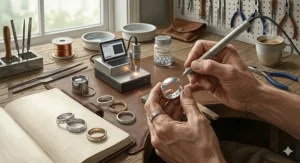 An illustration highlighting a close-up of custom bands with unique personalized inside-ring engravings.