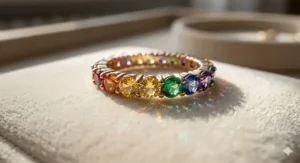 Close-up macro view of a rainbow gemstone band showing the intricate prong setting and color transition.