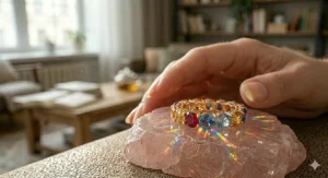 Natural sunlight reflecting off a rainbow gemstone band worn outdoors to showcase the true brilliance of the stones.