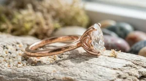 14k rose gold solitaire ring with a secret heart-shaped cutout visible only from the side view.