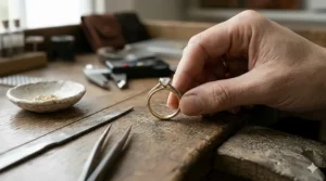 A curved made to measure wedding ring contouring perfectly around a vintage diamond engagement ring.
