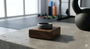 A durable dark grey silicone wedding band on a wooden display block in a gym setting.