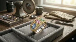 Three stackable fancy color diamond bands in different gold tones for a layered bridal look.