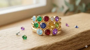 Three stackable yellow gold multiple family birthstone rings showing various gemstone combinations.