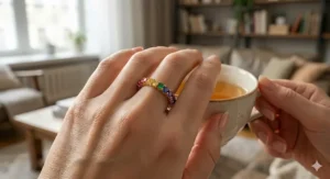 A model wearing a stacked rainbow gemstone band alongside thin gold wedding rings for a layered look.
