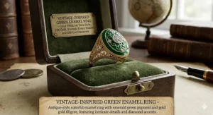 Antique-style colorful enamel ring with emerald green pigment and gold filigree.