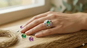 A lifestyle shot showing a hand wearing the bespoke gold multiple family birthstone ring, displaying its size and how the gems catch the light.