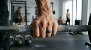 A 4K photorealistic close-up of an athlete's chalk-dusted left hand straining as it grips a barbell, illustrating how a flexible, matte grey silicone wedding band on the ring finger stretches and flexes under intense gym pressure to prevent injury.