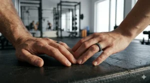 A close-up, photorealistic view of two hands (one male, one female) wearing matching charcoal gray silicone wedding bands while resting on a rubber gym mat.