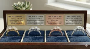 An illustration comparing how a natural diamond engagement ring looks when set in 18k yellow gold, white gold, rose gold, and platinum.