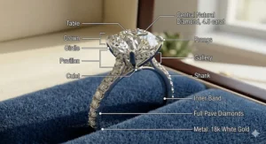A labeled diagram illustrating the anatomy of a natural diamond engagement ring, highlighting the center stone, prongs, basket, gallery, and shank.