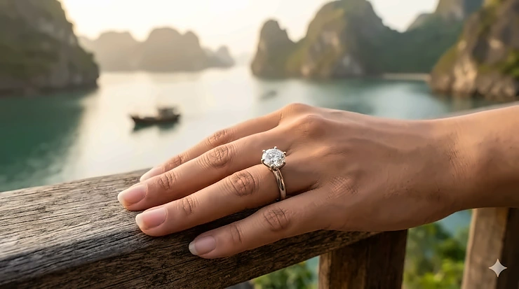 A classic round brilliant cut natural diamond engagement ring in a platinum four-prong setting, displayed on a velvet ring box.
