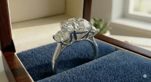 A vector illustration of a three-stone natural diamond engagement ring symbolizing a couple's past, present, and future.