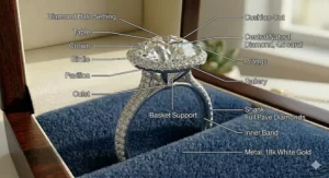 A detailed illustration of a halo natural diamond engagement ring with a pavé diamond band and a cushion-cut center stone.