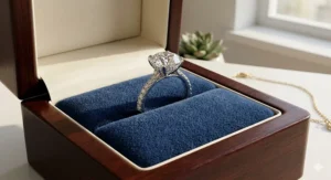 An instructional chart displaying different shapes for a natural diamond engagement ring, including round, oval, princess, emerald, and pear cuts.