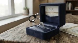 An unboxing illustration of a GIA certified diamond engagement ring inside a premium velvet box with Amazon branding.