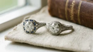 An Art Deco vintage style engagement ring featuring geometric diamond halos and sharp lines.