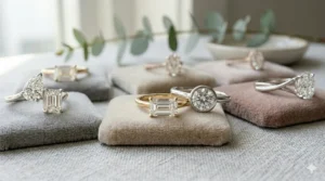 A round brilliant diamond enclosed in a contemporary platinum bezel setting, showcasing minimalist modern engagement ring styles.