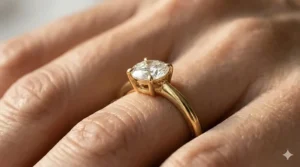 Profile view illustration of a bezel solitaire minimalist diamond ring with a thin band, emphasizing the secure and sleek metal rim around the stone.
