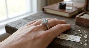 Sparkling cushion cut moissanite engagement ring on a finger, offering a budget friendly and durable unique ring option that is not a diamond.