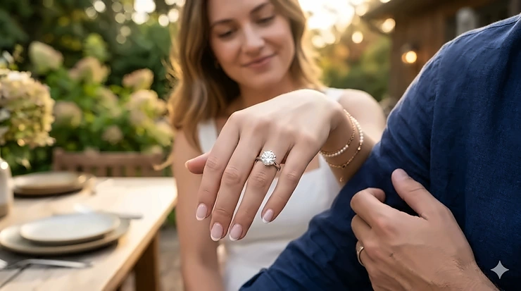 A classic diamond engagement ring for women featuring a brilliant round-cut solitaire diamond on a polished platinum band, displayed in a luxury velvet gift box.