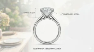 Illustration showing the elegant side profile and setting height of a classic diamond engagement ring for women.