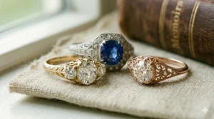 A cushion cut diamond vintage style engagement ring surrounded by a delicate pavé halo.
