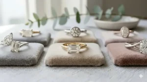 An emerald cut diamond set horizontally in an East-West setting on a thin yellow gold band, highlighting sleek modern engagement ring styles.