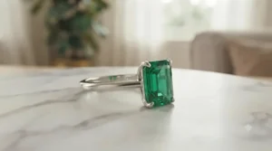 A luxury step cut emerald engagement ring with side diamonds on a white background.