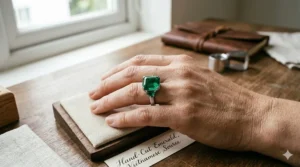 Close up of an emerald engagement ring in a gold claw setting, presenting a colorful and unique engagement ring option that is not a diamond.