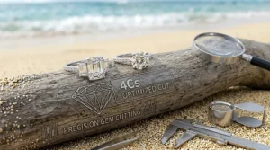A sleek three-stone emerald cut lab grown diamond engagement ring flanked by tapered baguettes