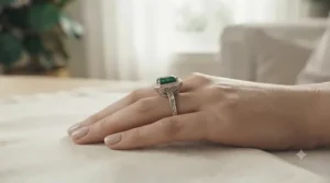 Side profile view of an emerald engagement ring showing the intricate basket setting and gemstone prongs.