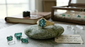 A geometric hexagonal cut teal gemstone ring with baguette side stones, emphasizing modern and uniq