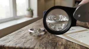 An illustration explaining the 4 Cs of a GIA certified diamond ring available on Amazon, highlighting color and clarity.