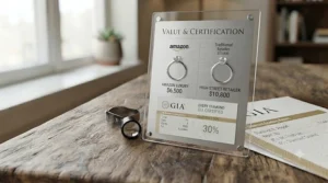 A cost breakdown illustration showing the value and savings of buying a GIA certified diamond ring directly through Amazon.