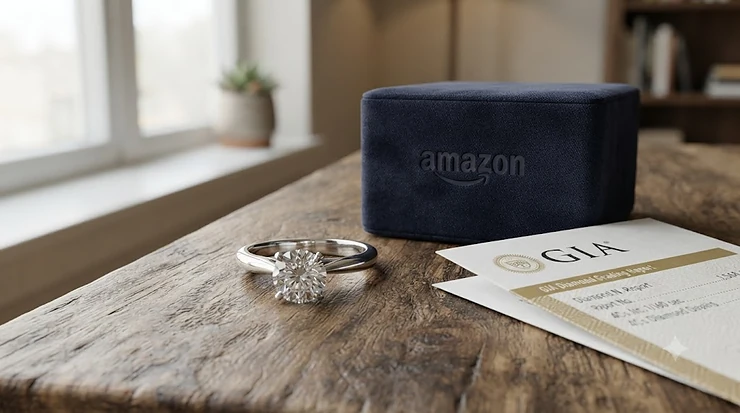 A luxury GIA certified diamond engagement ring in a classic platinum setting showcased on an Amazon delivery box.