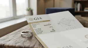 An official GIA diamond grading report displayed next to a brilliant round cut diamond ring from Amazon.