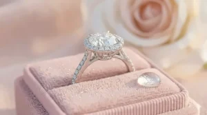 A high-detail macro shot of a glamorous halo diamond ring secure in a pink velvet box under warm, n