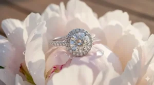 An extreme close-up photograph capturing the high detail and natural sparkle of a glamorous halo diamond ring.