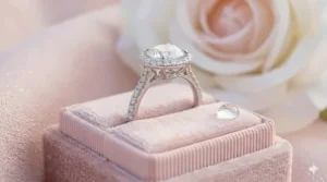 A detailed close-up of a glamorous halo diamond ring sitting in a pink velvet box next to a soft cream rose.