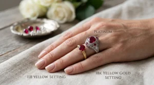 Graphic comparing a ruby engagement ring for women in 18k yellow gold versus a platinum setting.