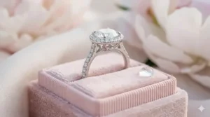 Side profile view of a glamorous halo diamond ring nestled in a soft pink velvet jewelry box with floral accents.