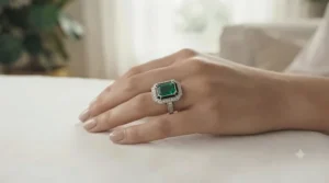 An oval cut emerald engagement ring for women surrounded by a sparkling diamond halo setting.