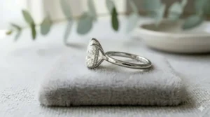 Side profile view of a high-set oval diamond with a delicate pavé hidden halo, representing elegant modern engagement ring styles.