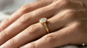 A close-up illustration of a minimalist engagement ring with a modern knife-edge band reflecting light on its clean angles.