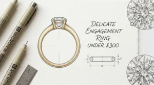 Technical illustration of a low-profile prong setting holding a classic diamond solitaire close to a delicate gold band.